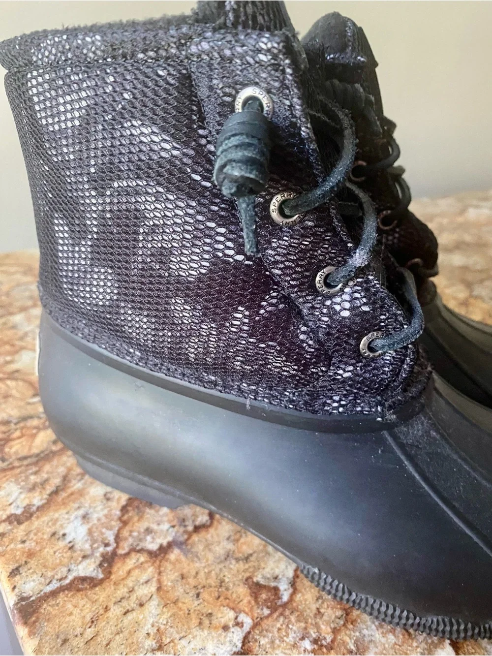 Women’s Sperry Black Waterproof Duck Boots with dressy flair